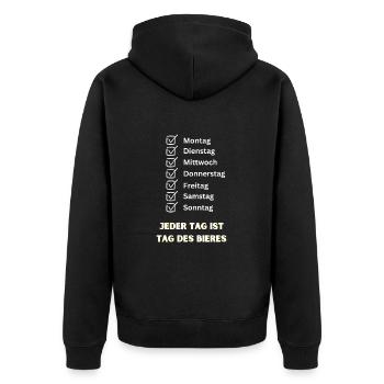 "JEDER Tag ist Tag des Bieres" Malle Party JGA - Unisex Premium Bio Zip Hoodie - Schwarz - Hinten - Nico (187cm)