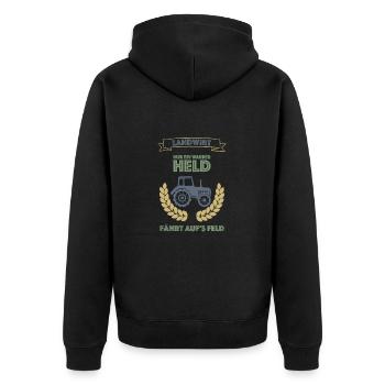 Landwirt! Nur ein wahrer Held fährt aufs Feld - Unisex Premium Bio Zip Hoodie - Schwarz - Hinten - Nico (187cm)