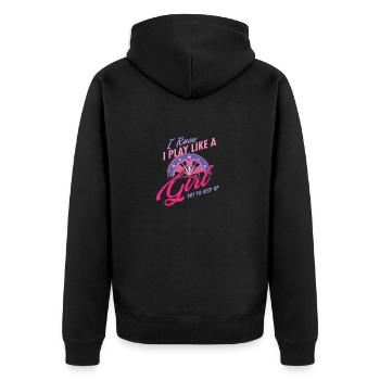 Play like a Darts Girl - Dart - Unisex Premium Bio Zip Hoodie - Schwarz - Hinten - Nico (187cm)