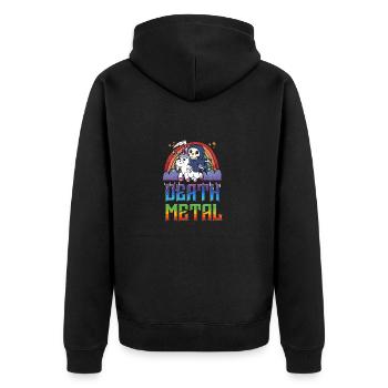 Death Metal & Einhorn Regenbogen - Unisex Premium Bio Zip Hoodie - Schwarz - Hinten - Nico (187cm)