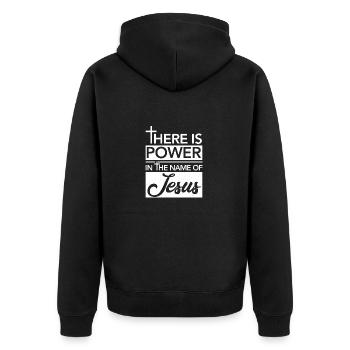 There is Power in the Name of Jesus - Unisex Premium Bio Zip Hoodie - Schwarz - Hinten - Nico (187cm)