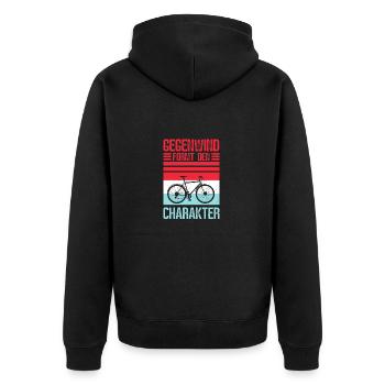 Gegenwind formt den Charakter - Unisex Premium Bio Zip Hoodie - Schwarz - Hinten - Nico (187cm)