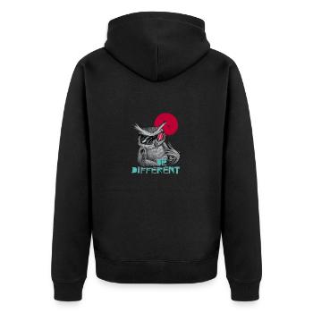 Be different Eule - einzigartig & besonders - Unisex Premium Bio Zip Hoodie - Schwarz - Hinten - Nico (187cm)