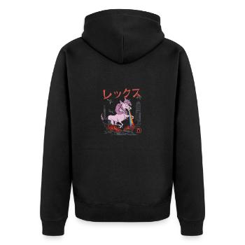 Wütendes Einhorn mit Regenbogen Strahl - Unisex Premium Bio Zip Hoodie - Schwarz - Hinten - Nico (187cm)