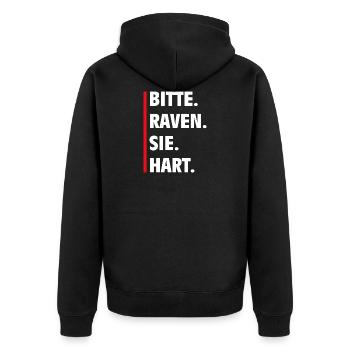 Techno Spruch Bitte Raven Sie Hart Festival Music - Unisex Premium Bio Zip Hoodie - Schwarz - Hinten - Nico (187cm)