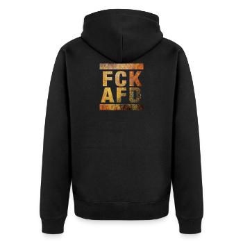 FCK AFD in rostigen Vintage Look, Motiv, Fuck AFD - Unisex Premium Bio Zip Hoodie - Schwarz - Hinten - Nico (187cm)
