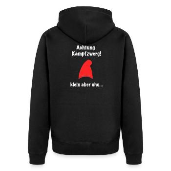Achtung Kampfzwerg! Klein aber ohoo... "Zwerghut" - Unisex Premium Bio Zip Hoodie - Schwarz - Hinten - Nico (187cm)