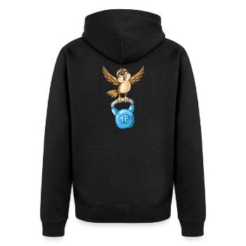 Vogel Spatz mit Kugelhantel Fitness Muskeltraining - Unisex Premium Bio Zip Hoodie - Schwarz - Hinten - Nico (187cm)