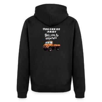 You can go faster, but I can go ANYWHERE! Unimog - Unisex Premium Bio Zip Hoodie - Schwarz - Hinten - Nico (187cm)