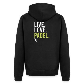 Padel Live Love Padel Tennis Spieler - Unisex Premium Bio Zip Hoodie - Schwarz - Hinten - Nico (187cm)