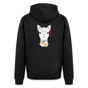 Bunt geschmücktes Alpaka – Charmantes Tiermotiv - Unisex Premium Bio Zip Hoodie - Schwarz - Hinten - Nico (187cm)