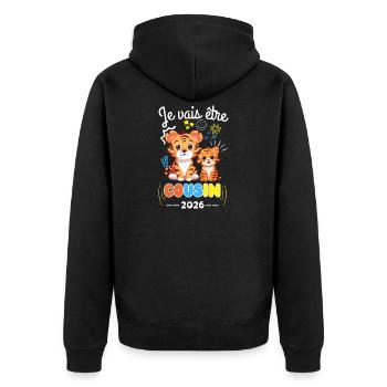 Je Vais Être Cousin 2026 Annonce Grossesse Tigre - Veste à capuche bio Premium Unisexe - noir - Dos - Nico (187cm)