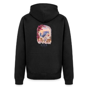 Oia Griechenland Vintage-Sommer-Charme - Unisex Premium Bio Zip Hoodie - Schwarz - Hinten - Nico (187cm)