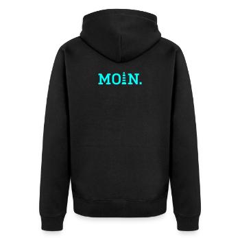 Moin mit Leuchtturm - Unisex Premium Bio Zip Hoodie - Schwarz - Hinten - Nico (187cm)