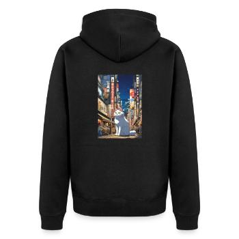 Kleine Katze in Großer Stadt II - Unisex Premium Bio Zip Hoodie - Schwarz - Hinten - Nico (187cm)