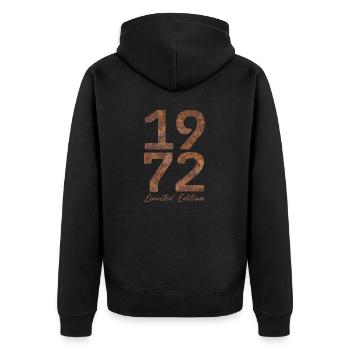 "Vintage 1972: Limited Edition in Rust Look" - Unisex Premium Organic Zip Hoodie - black - Back - Nico (187cm)