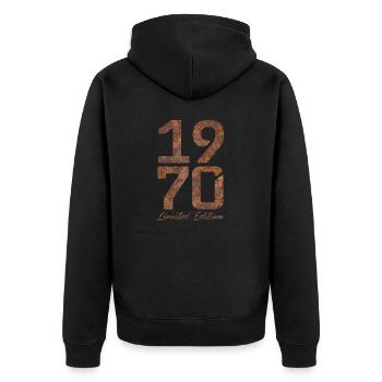 "Vintage 1970: Limited Edition in Rust Look" - Unisex Premium Organic Zip Hoodie - black - Back - Nico (187cm)