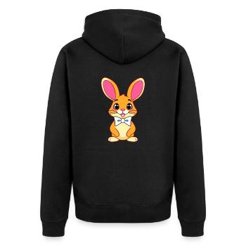 Skurriles Cartoon-Kaninchen mit rosa Ohren und Fliege - Unisex Premium Bio Zip Hoodie - Schwarz - Hinten - Nico (187cm)