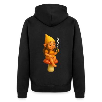 Kiffende Zwergin auf Pilz sitzend - Cannabis/Weed - Unisex Premium Bio Zip Hoodie - Schwarz - Hinten - Nico (187cm)