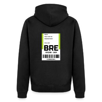 Flughafen Reise Etikett Aufkleber Bremen BRE - Unisex Premium Bio Zip Hoodie - Schwarz - Hinten - Nico (187cm)