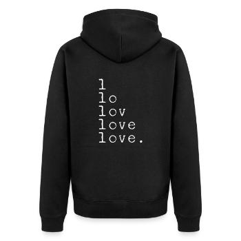 L LO LOV LOVE LOVE. Statement weiß - Unisex Premium Bio Zip Hoodie - Schwarz - Hinten - Nico (187cm)