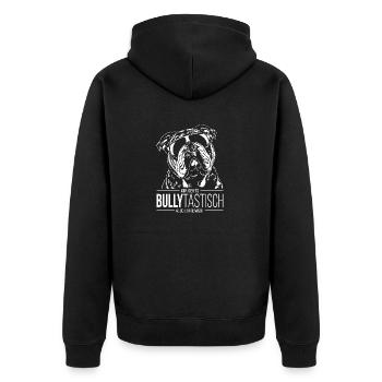 BULLYTASTISCH Old English Bulldog Hundespruch OEB - Unisex Premium Bio Zip Hoodie - Schwarz - Hinten - Nico (187cm)