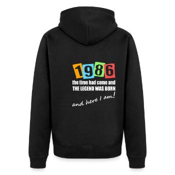 Legende ist 1986 geboren. Geburtstagsmotiv - Unisex Premium Bio Zip Hoodie - Schwarz - Hinten - Nico (187cm)