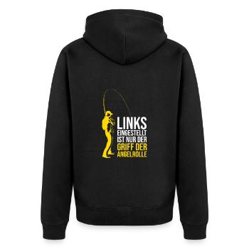 Links eingestellt ist nur der Griff der Angelrolle - Unisex Premium Bio Zip Hoodie - Schwarz - Hinten - Nico (187cm)