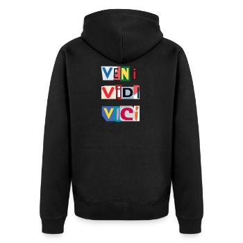 Veni Brief in Zeitungen - Unisex Premium Bio Zip Hoodie - Schwarz - Hinten - Nico (187cm)