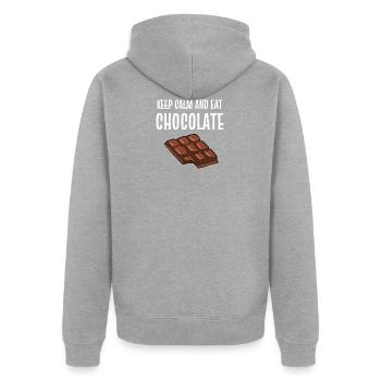 Calm and Eat Ruhe und Choco Addict Gift - Unisex Premium Organic Zip Hoodie - heather grey - Back - Nico (187cm)