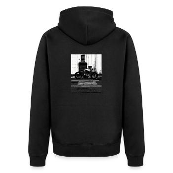 Photo urbaine en noir et blanc à moto - Veste à capuche bio Premium Unisexe - noir - Dos - Nico (187cm)