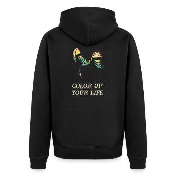 Bunte Sneakers im Retro-Style - Unisex Premium Bio Zip Hoodie - Schwarz - Hinten - Nico (187cm)