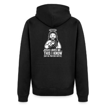 Jesus Loves Me He Prefers Coffee - Unisex Premium Bio Zip Hoodie - Schwarz - Hinten - Nico (187cm)