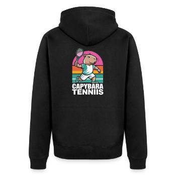  Capybara Tenniis Lustiges Capybara Tennis Retro - Unisex Premium Bio Zip Hoodie - Schwarz - Hinten - Nico (187cm)