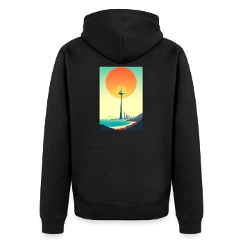 Sonnenuntergangsturm über Küstenstadt - Unisex Premium Bio Zip Hoodie - Schwarz - Hinten - Nico (187cm)