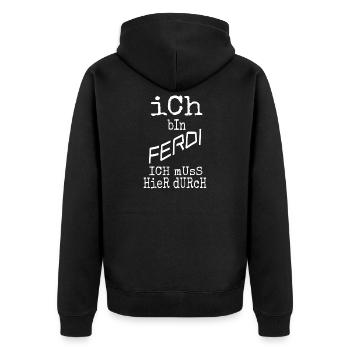 Ich bin Ferdi – handgezeichnet Typo - Unisex Premium Bio Zip Hoodie - Schwarz - Hinten - Nico (187cm)