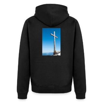 Gipfelkreuz in den deutschen Alpen - Unisex Premium Bio Zip Hoodie - Schwarz - Hinten - Nico (187cm)