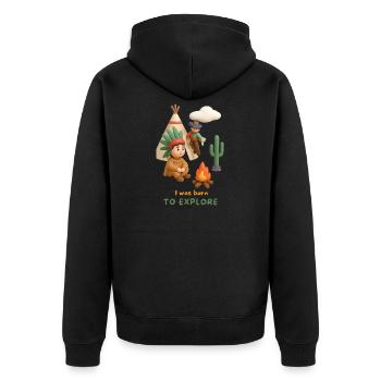 I was born TO EXPLORE - Unisex Premium Bio Zip Hoodie - Schwarz - Hinten - Nico (187cm)