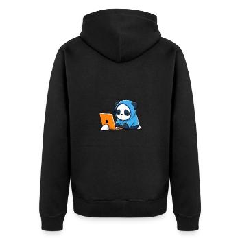 Niedlicher Hacker Panda schläft im Hoodie vorm PC - Unisex Premium Bio Zip Hoodie - Schwarz - Hinten - Nico (187cm)