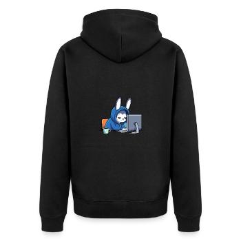 Niedlicher Hacker Hase schläft im Hoodie vorm PC - Unisex Premium Bio Zip Hoodie - Schwarz - Hinten - Nico (187cm)
