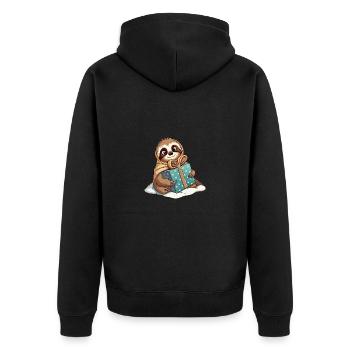 Niedliches Faultier packt Geschenk aus - Unisex Premium Bio Zip Hoodie - Schwarz - Hinten - Nico (187cm)