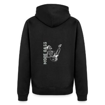 Skelett Skull mit Bassgitarre und Spruch Mehr Bass - Unisex Premium Bio Zip Hoodie - Schwarz - Hinten - Nico (187cm)
