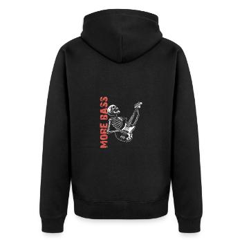 Skelett Skull mit Bassgitarre und Spruch Mehr Bass - Unisex Premium Bio Zip Hoodie - Schwarz - Hinten - Nico (187cm)
