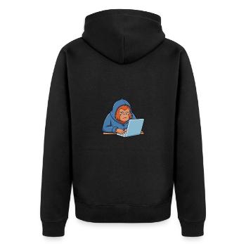 Niedlicher Hacker Orang Utan im Hoodie vorm PC - Unisex Premium Bio Zip Hoodie - Schwarz - Hinten - Nico (187cm)