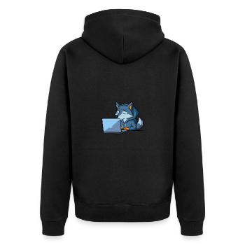 Niedlicher Hacker Wolf schläft im Hoodie vorm PC - Unisex Premium Bio Zip Hoodie - Schwarz - Hinten - Nico (187cm)