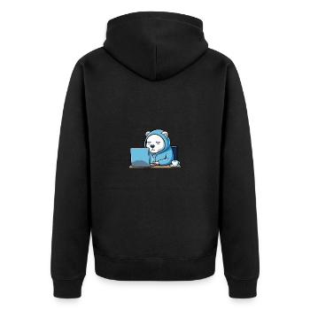 Niedlicher Hacker Eisbär schläft im Hoodie vorm PC - Unisex Premium Bio Zip Hoodie - Schwarz - Hinten - Nico (187cm)