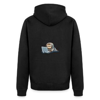 Niedliches Hacker Faultier im Hoodie vorm PC - Unisex Premium Bio Zip Hoodie - Schwarz - Hinten - Nico (187cm)