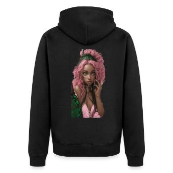 Bezaubernde schwarze Schönheit, mit lockigem Haar, natur - Unisex Premium Bio Zip Hoodie - Schwarz - Hinten - Nico (187cm)