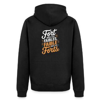 Fort avec les faibles, faible avec les forts - Veste à capuche bio Premium Unisexe - noir - Dos - Nico (187cm)