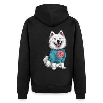 Samojede Spitz im Cartoonstil mit schönen Blumen - Unisex Premium Bio Zip Hoodie - Schwarz - Hinten - Nico (187cm)